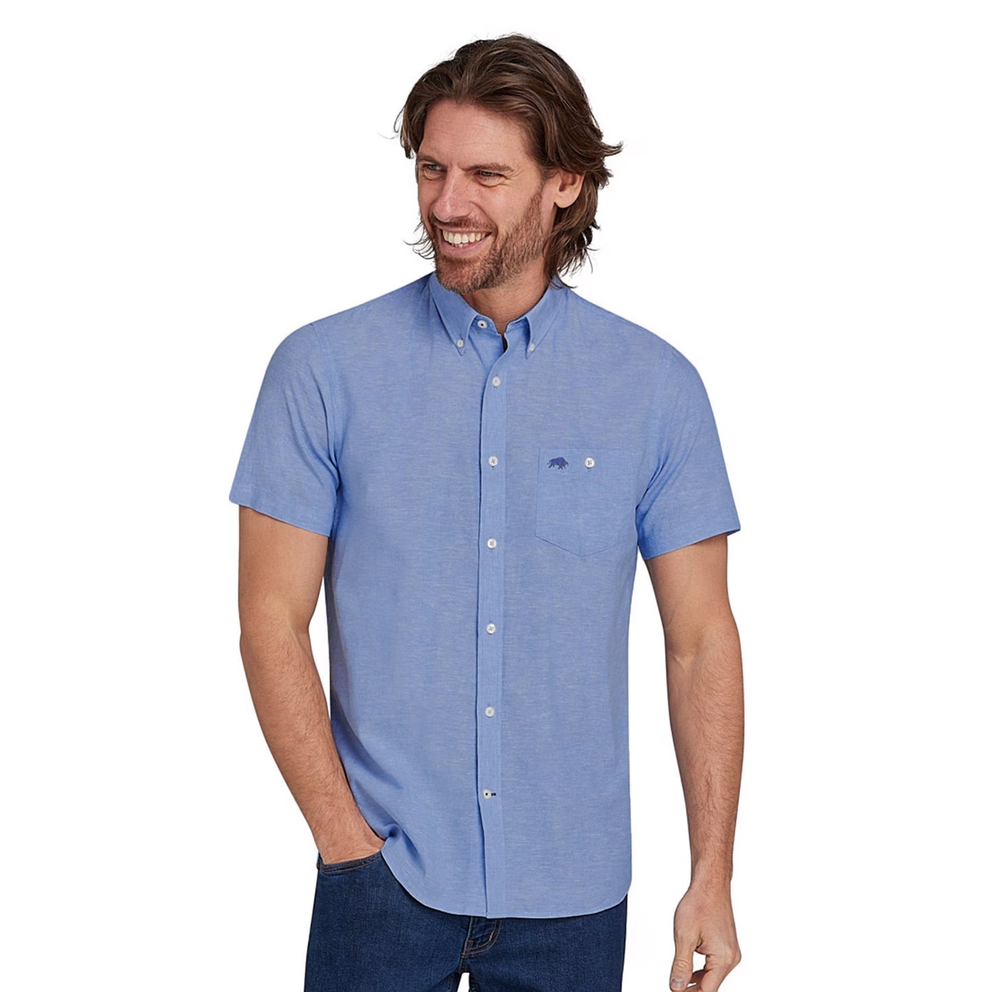 Chambray-White - Side - Raging Bull Mens Linen Short-Sleeved Shirt (Pack of 2)