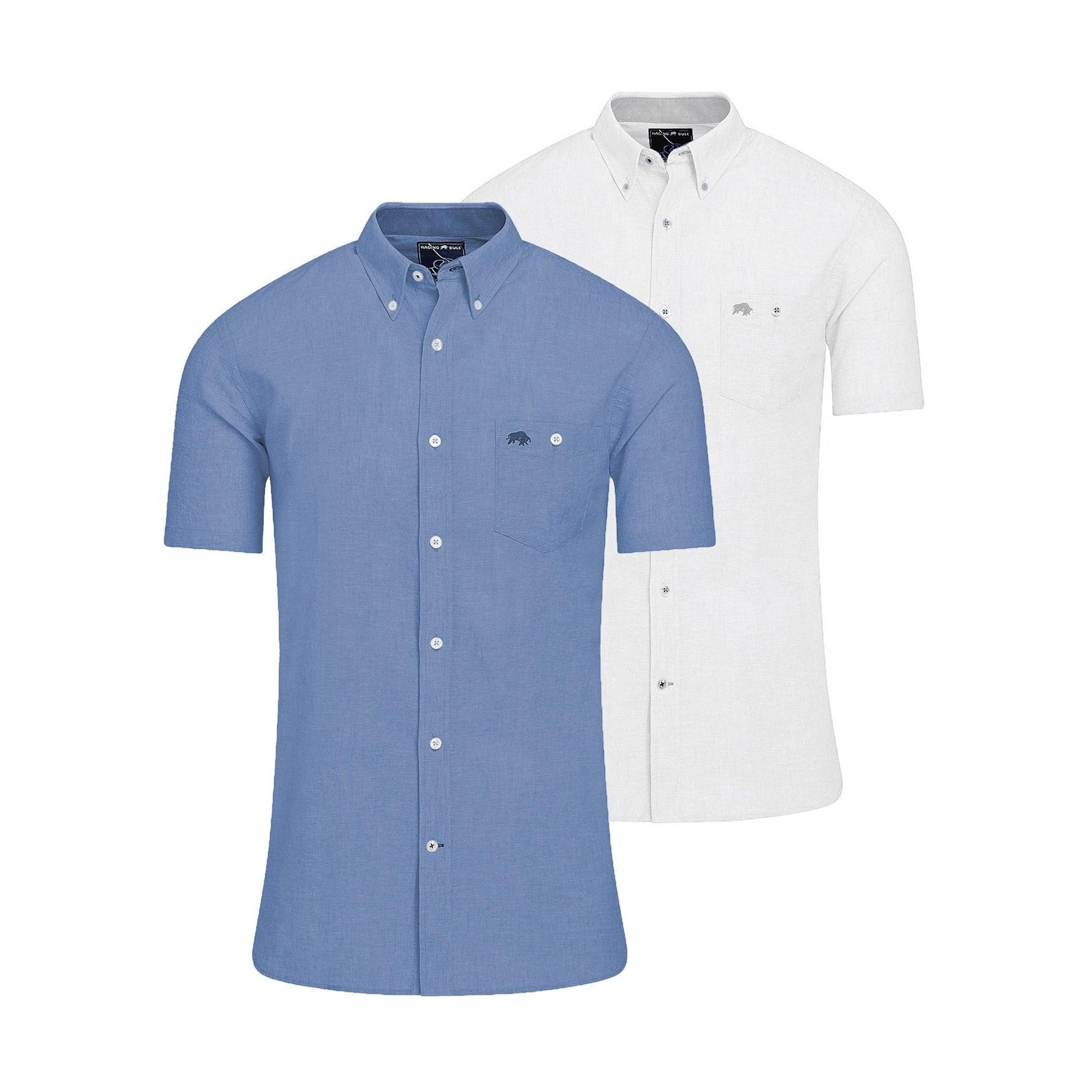 Chambray-White - Front - Raging Bull Mens Linen Short-Sleeved Shirt (Pack of 2)