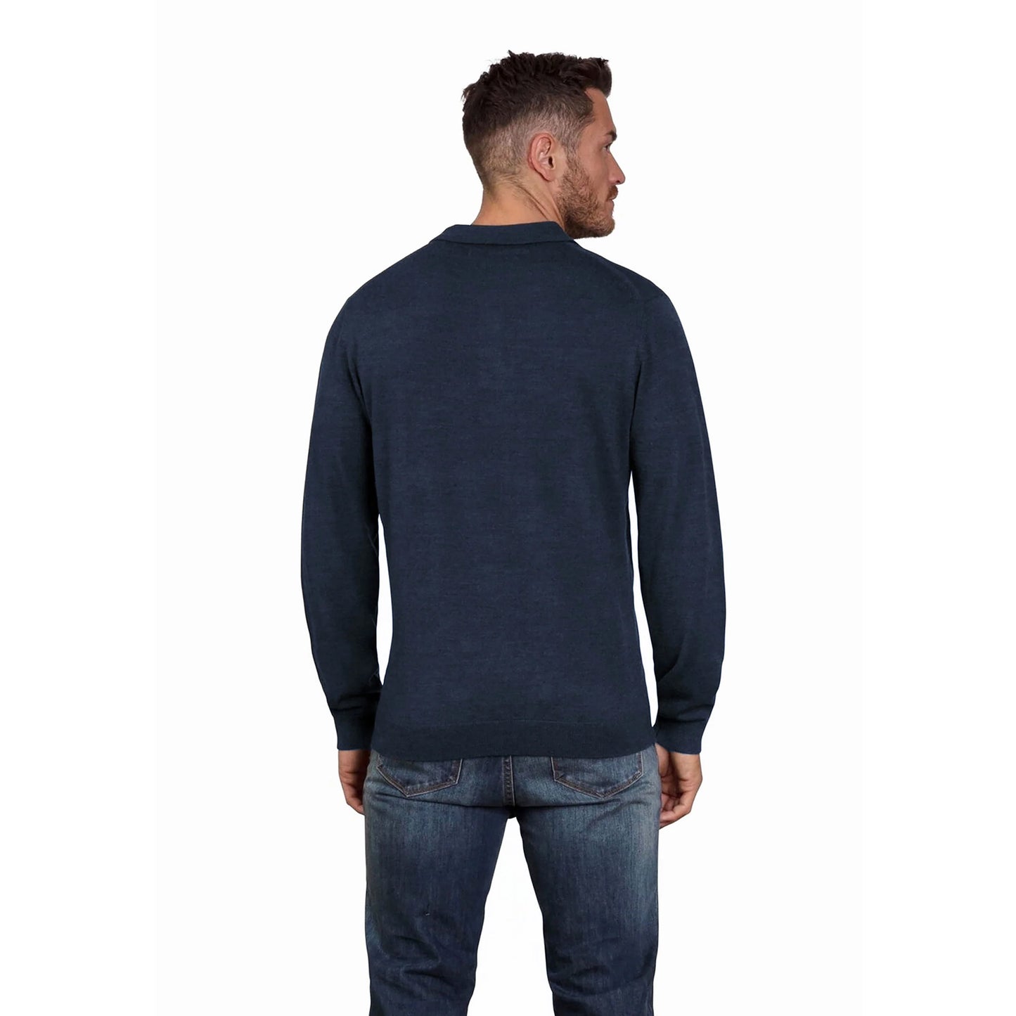 Navy - Back - Raging Bull Mens Knitted Long-Sleeved Polo Shirt
