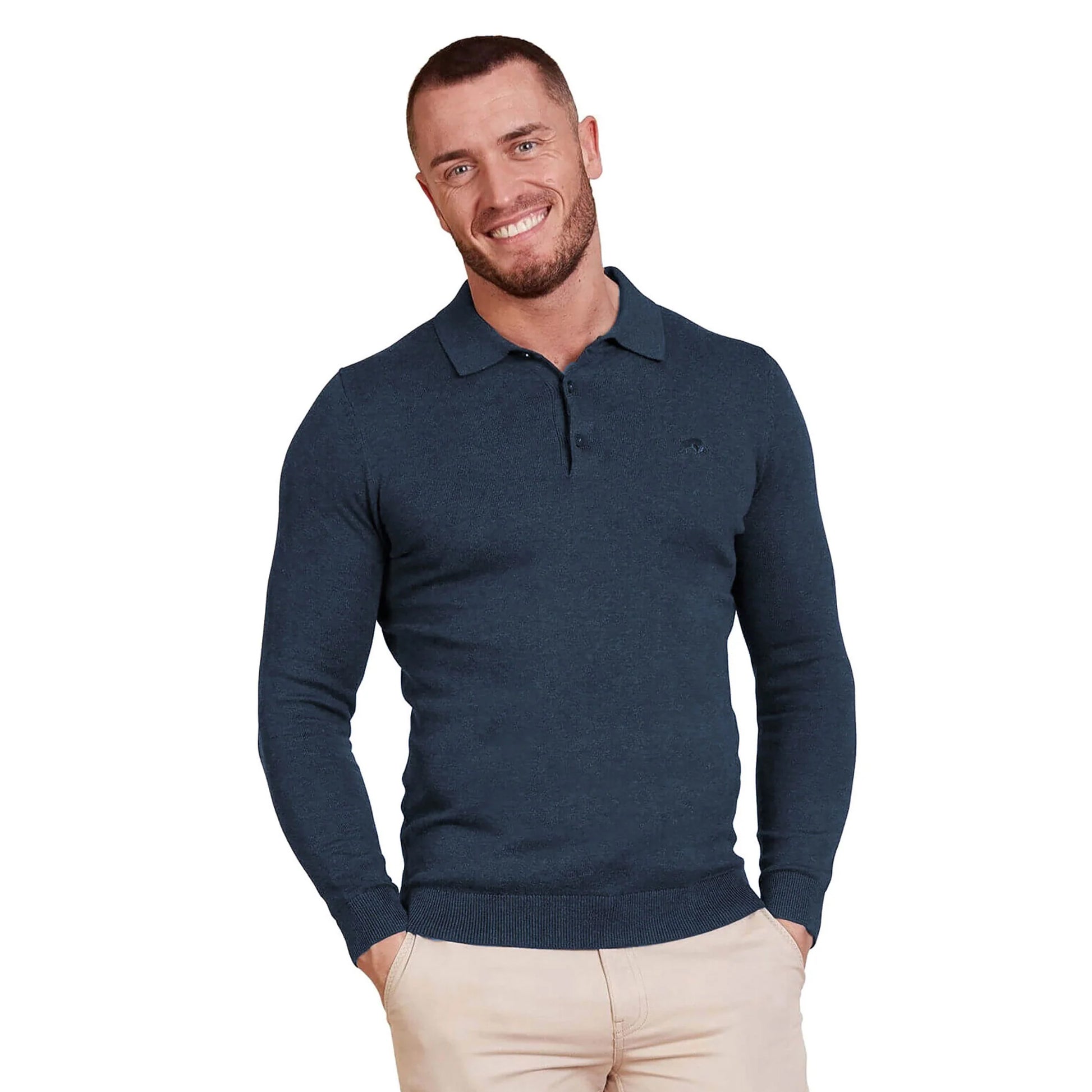 Navy - Side - Raging Bull Mens Knitted Long-Sleeved Polo Shirt