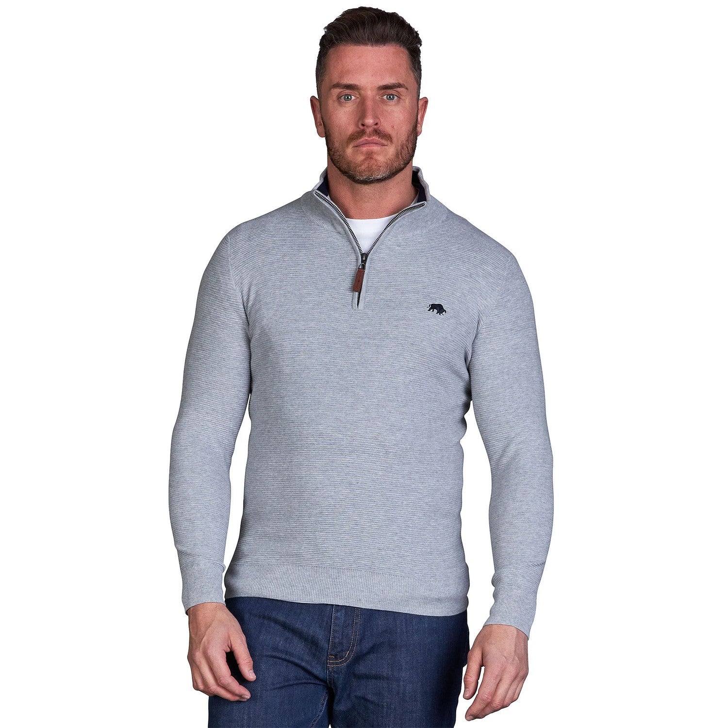 Grey Marl - Lifestyle - Raging Bull Mens Classic Ribbed Textured Quarter Zip Jumper