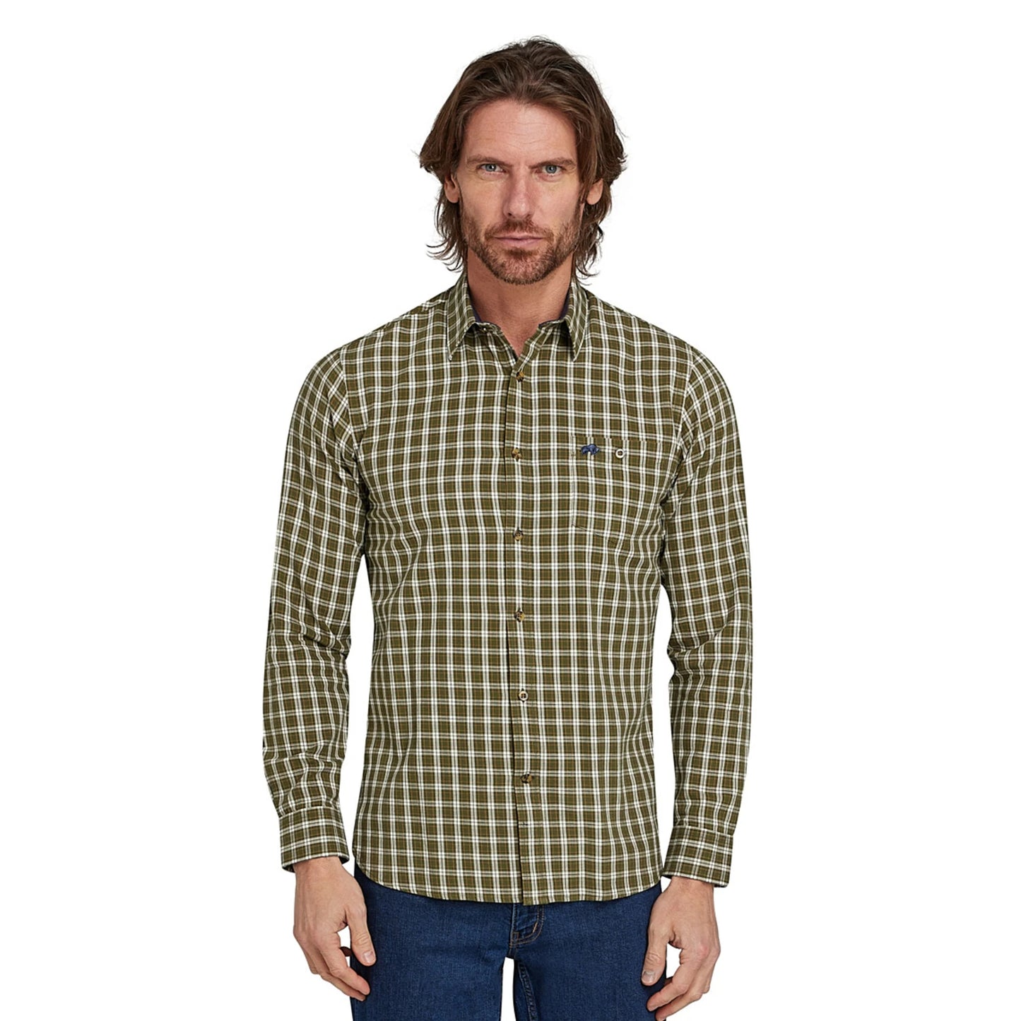 Khaki Green - Side - Raging Bull Mens Micro Checked Brushed Cotton Long-Sleeved Shirt