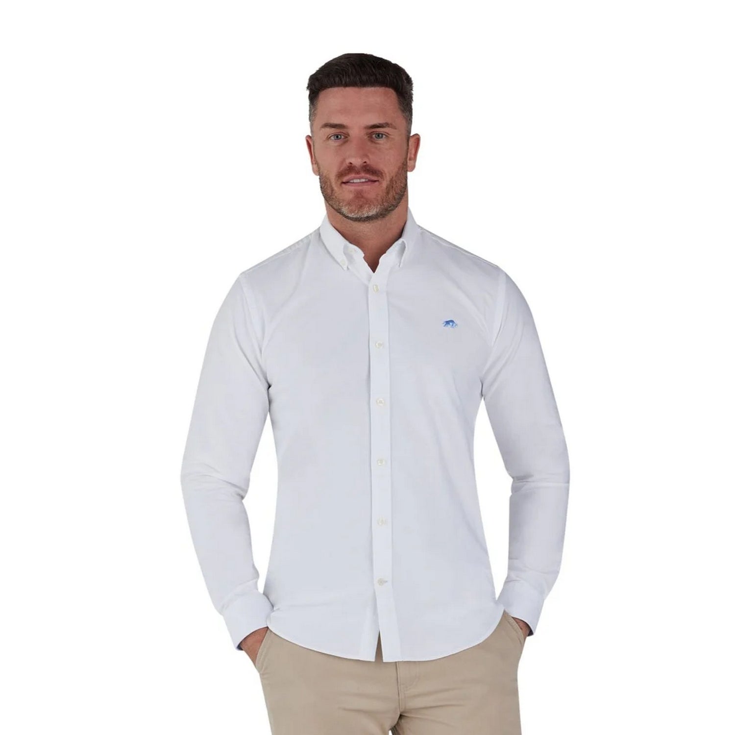 White - Side - Raging Bull Mens Classic Oxford Long-Sleeved Shirt
