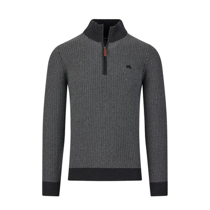 Grey Marl - Front - Raging Bull Mens Herringbone Textured Knit Quarter Zip Pullover