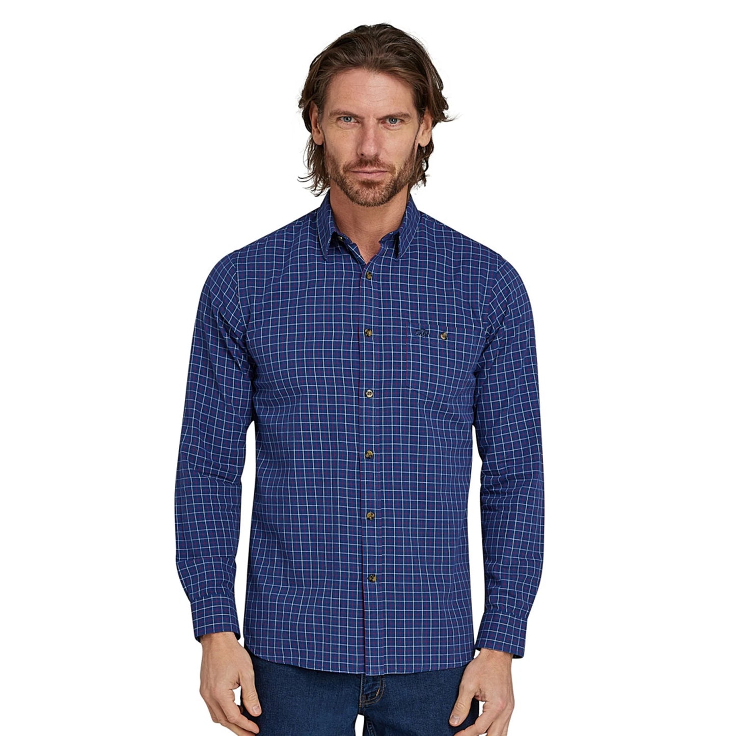 Navy - Side - Raging Bull Mens Windowpane Check Brushed Cotton Long-Sleeved Shirt