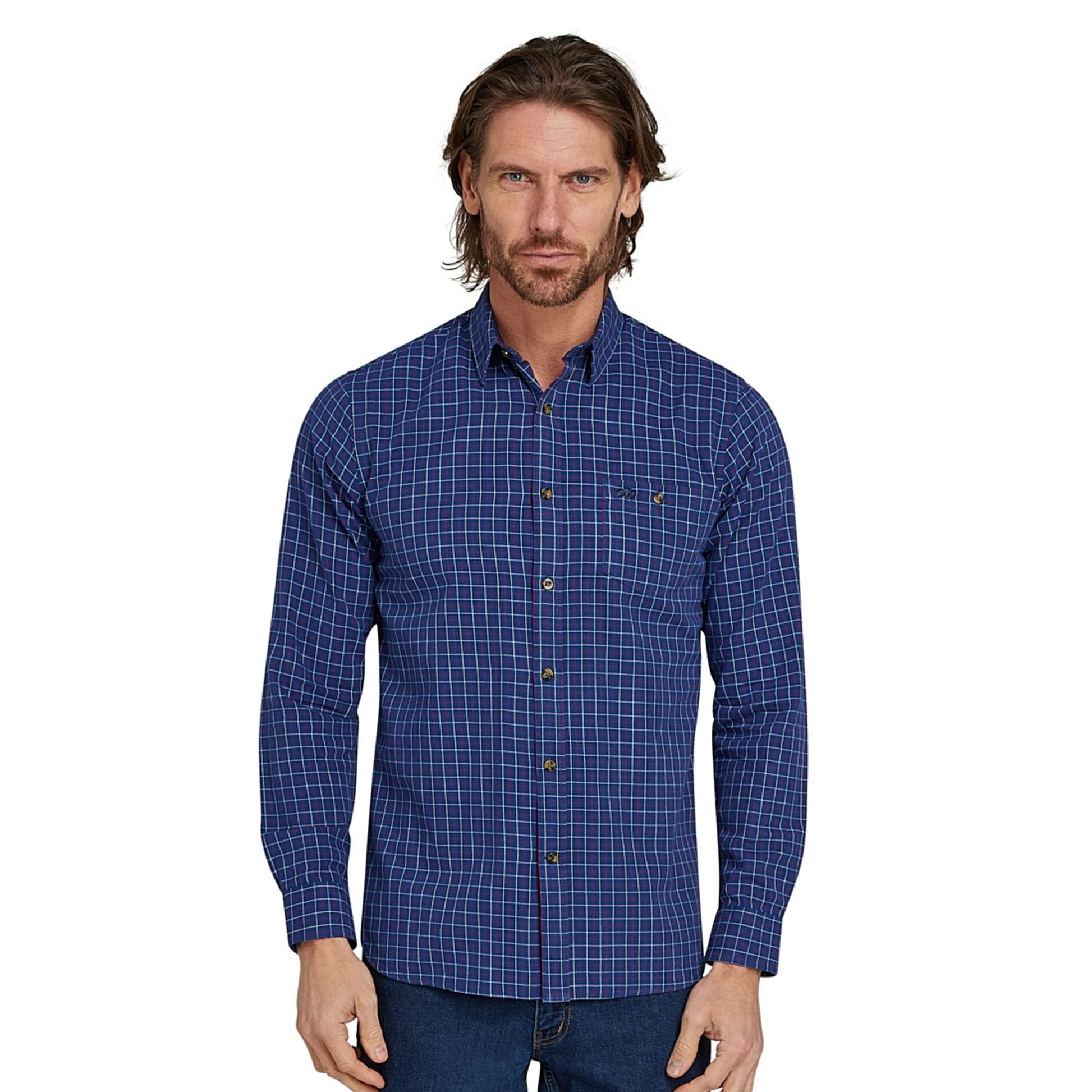 Navy - Side - Raging Bull Mens Windowpane Check Brushed Cotton Long-Sleeved Shirt