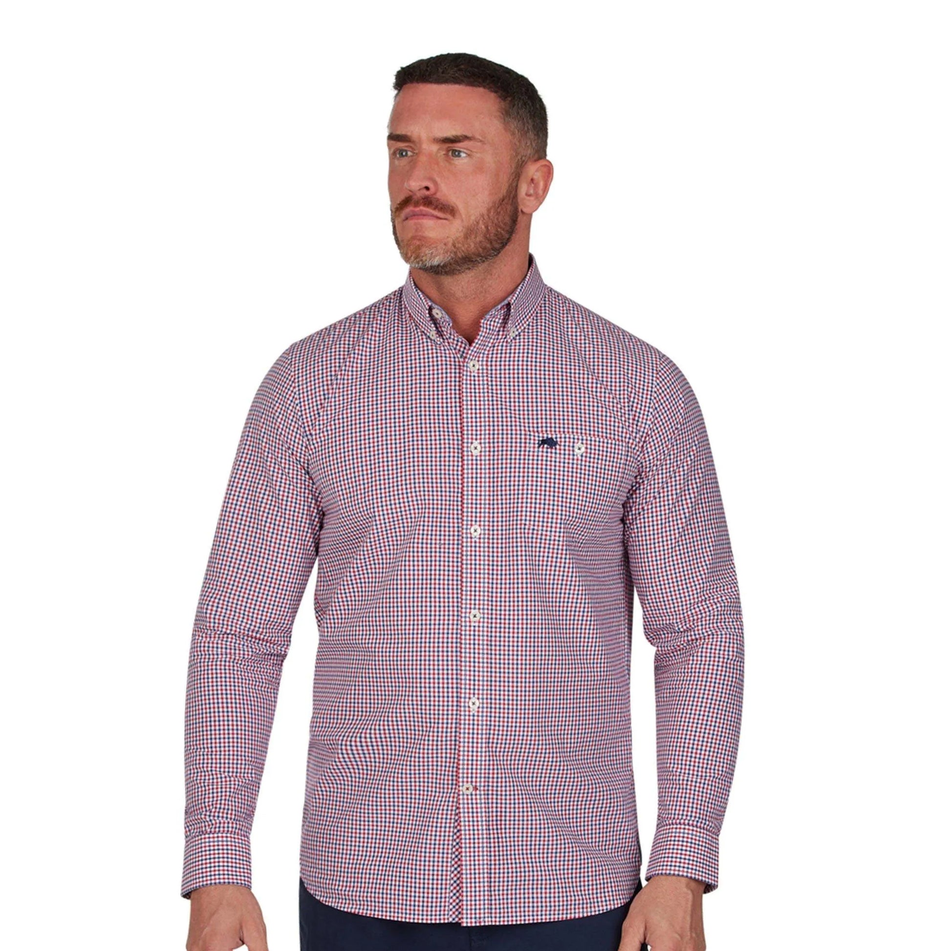 Red - Side - Raging Bull Mens Gingham Check Peached Poplin Long-Sleeved Shirt