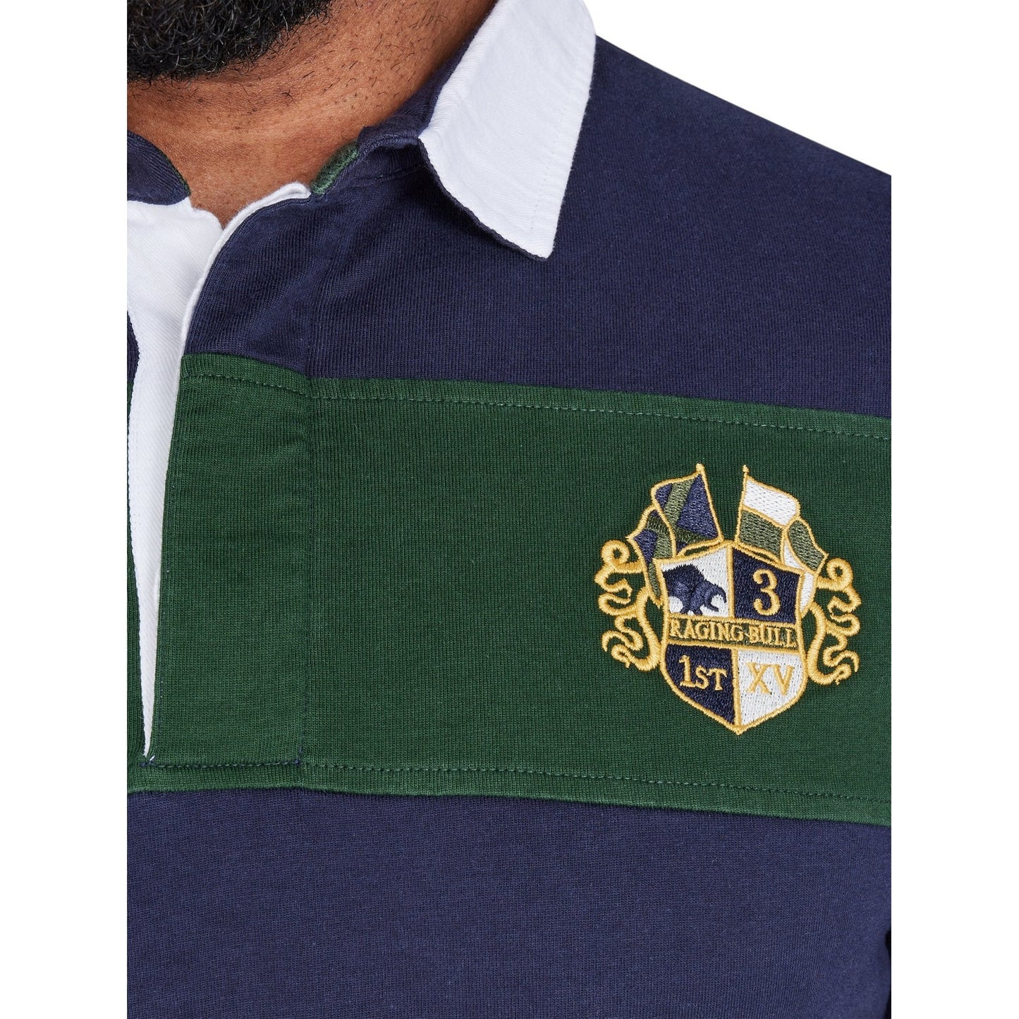 Navy - Side - Raging Bull Mens Embroidered Long-Sleeved Rugby Shirt