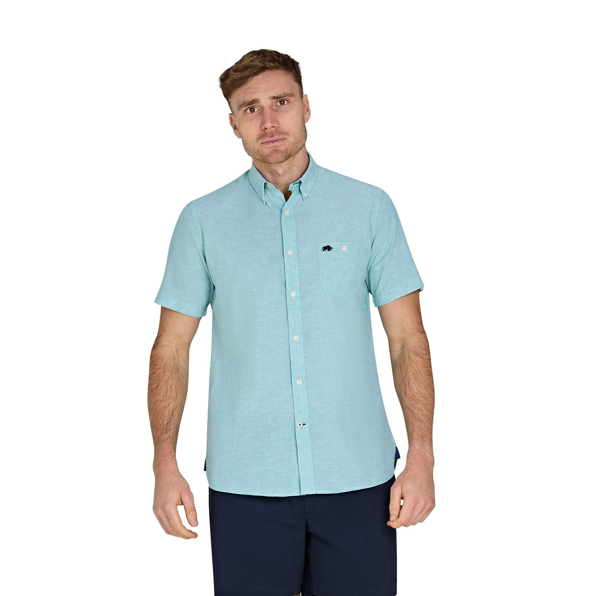 Apple Green - Front - Raging Bull Mens Classic Linen Short-Sleeved Shirt