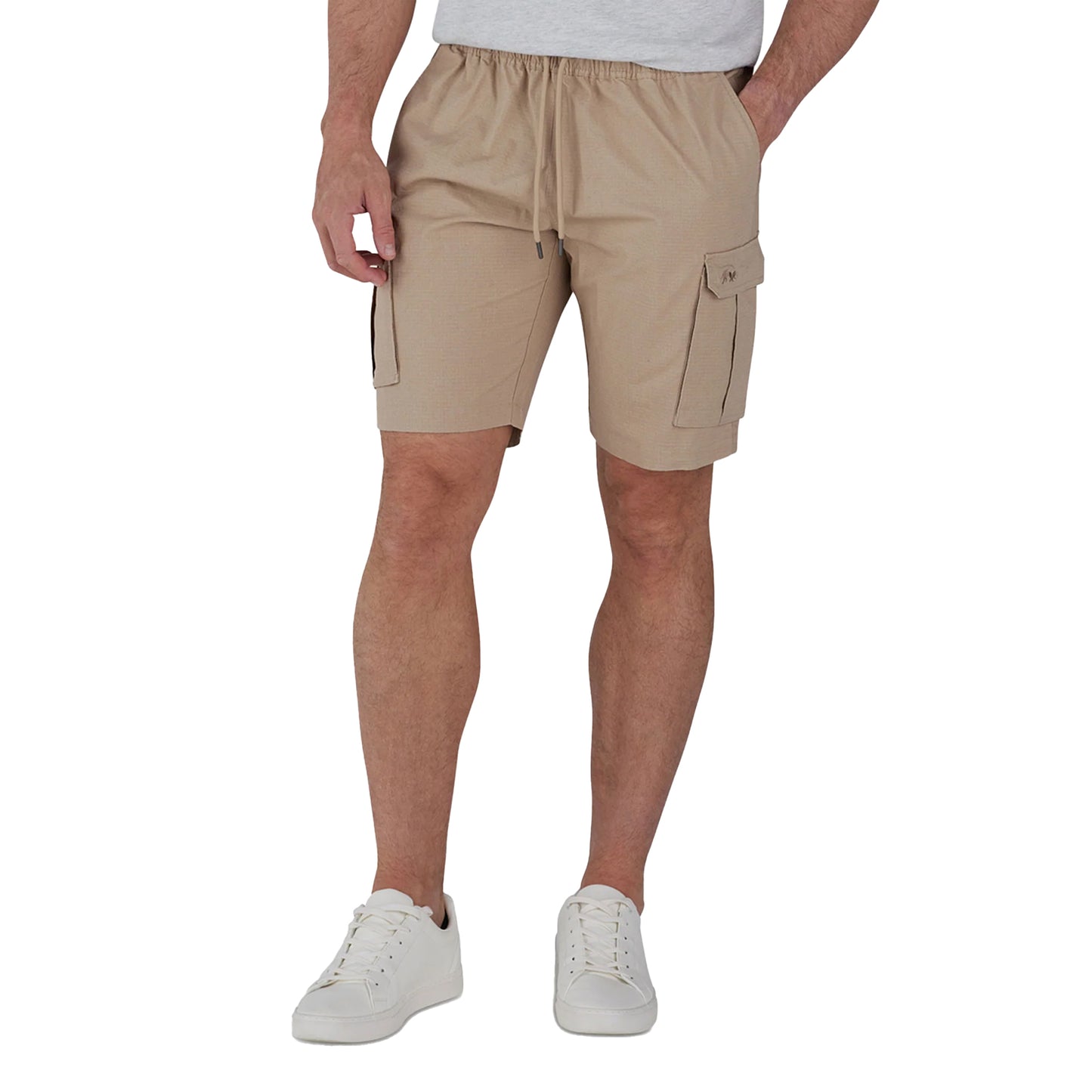 Tan - Front - Raging Bull Mens Twill Elasticated Waist Cargo Shorts