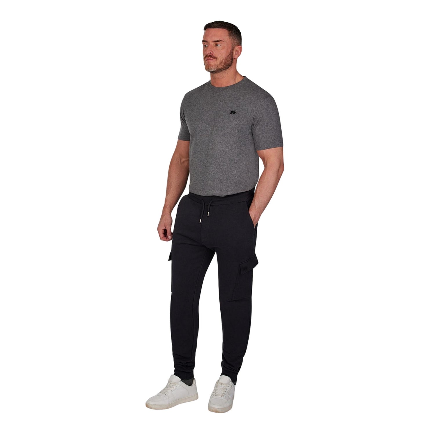 Black - Side - Raging Bull Mens Cuffed Ankle Cargo Jogging Bottoms