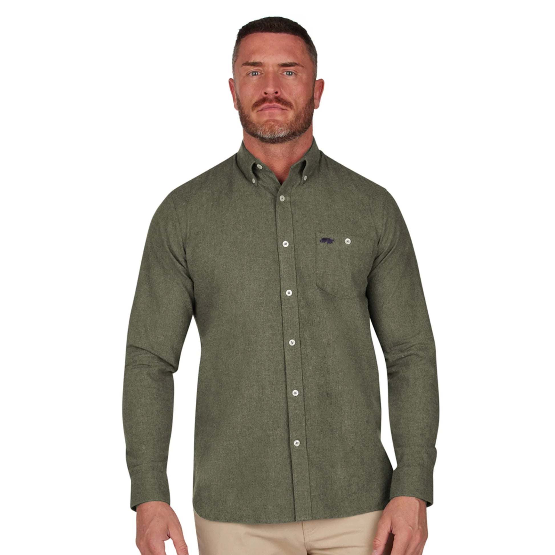 Khaki Green - Side - Raging Bull Mens Brushed Twill Long-Sleeved Shirt