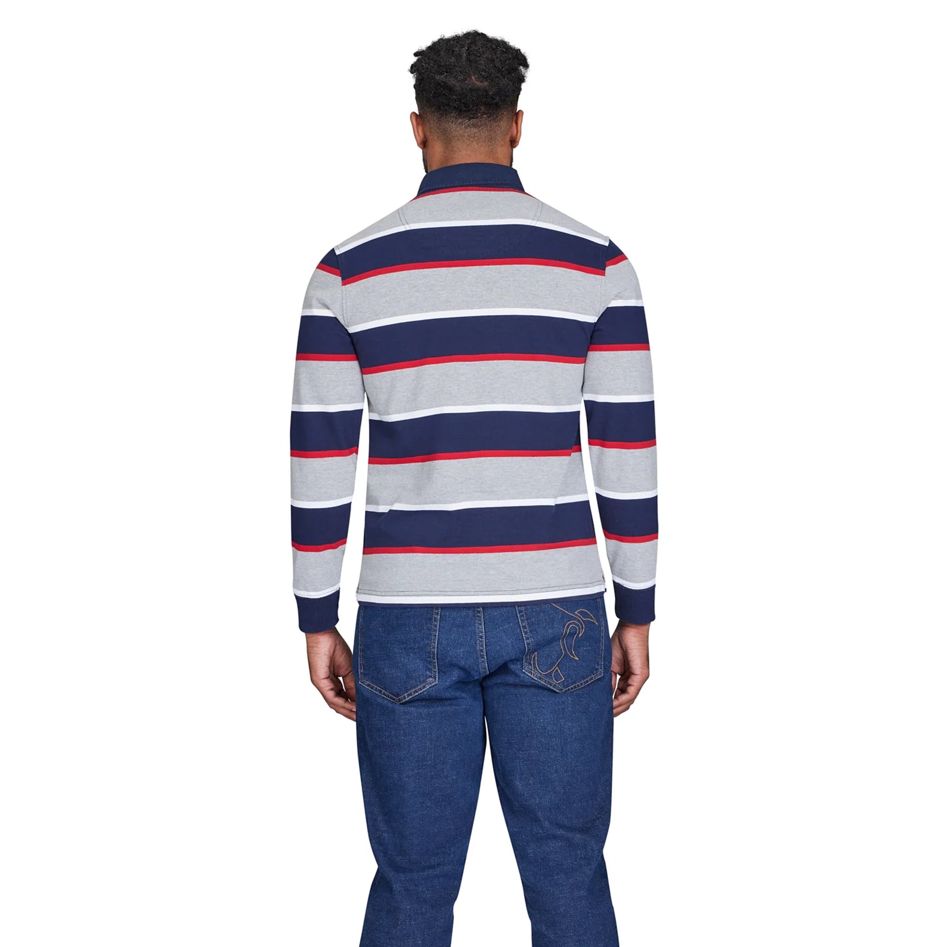 Grey Marl - Back - Raging Bull Mens Multi Stripe Long-Sleeved Rugby Shirt