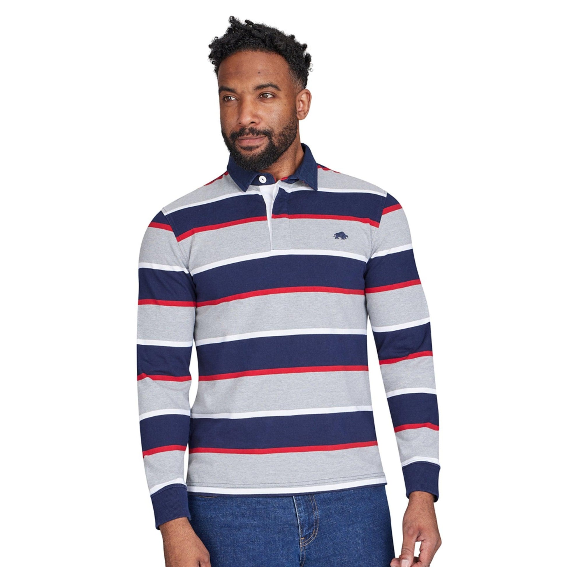 Grey Marl - Side - Raging Bull Mens Multi Stripe Long-Sleeved Rugby Shirt