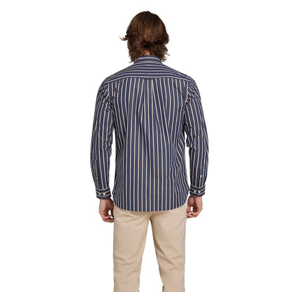 Navy - Back - Raging Bull Mens Stripe Poplin Long-Sleeved Shirt