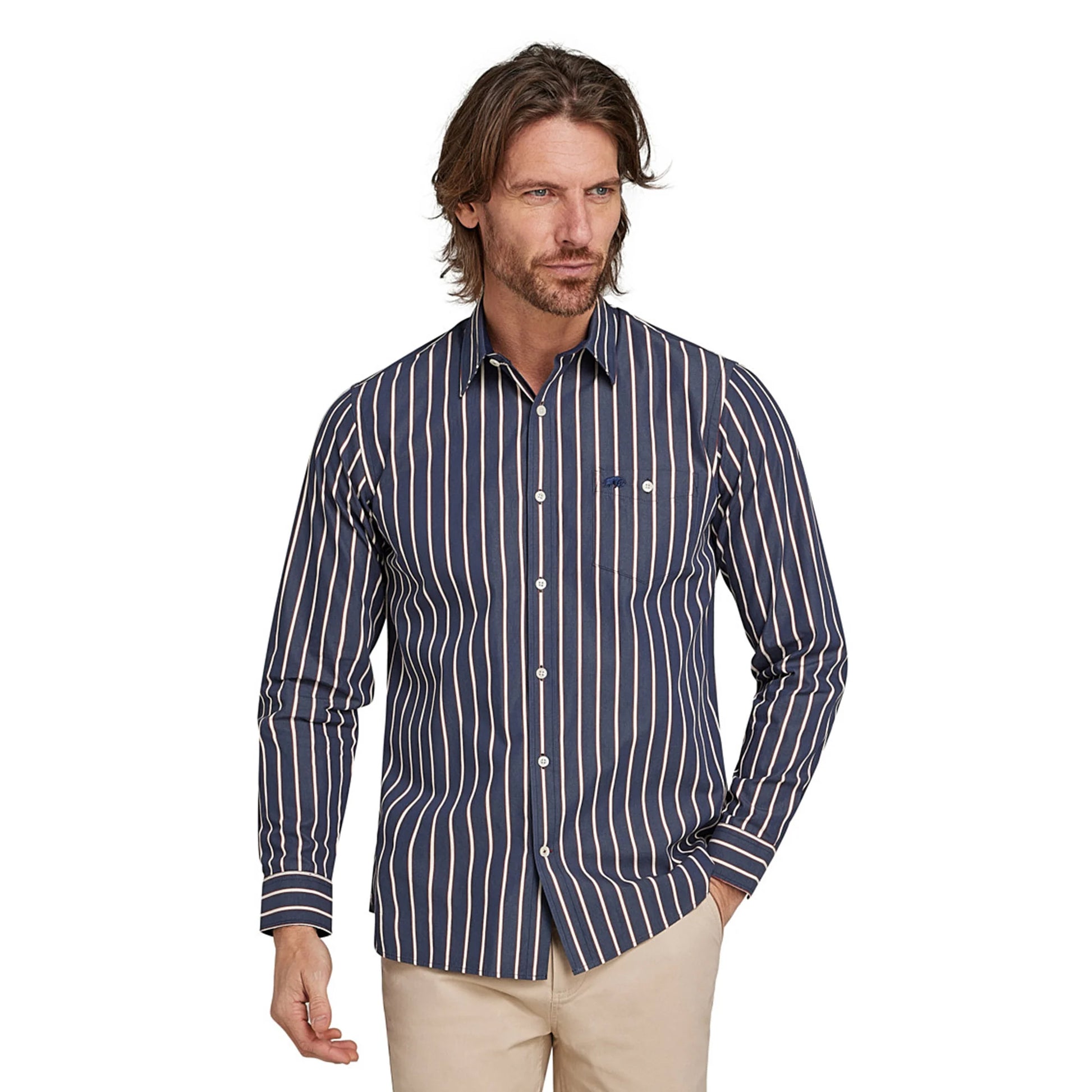Navy - Side - Raging Bull Mens Stripe Poplin Long-Sleeved Shirt