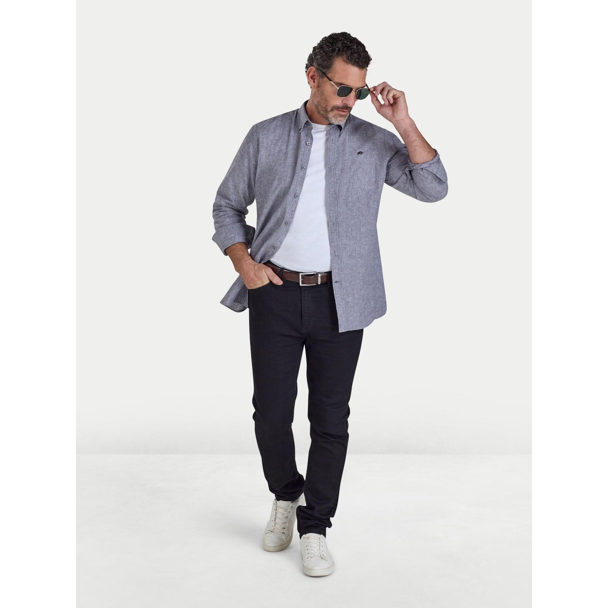 Charcoal - Side - Raging Bull Mens Classic Linen Long-Sleeved Shirt