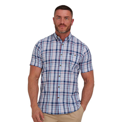 Navy - Front - Raging Bull Mens Large Check Linen-Look Short-Sleeved Shirt