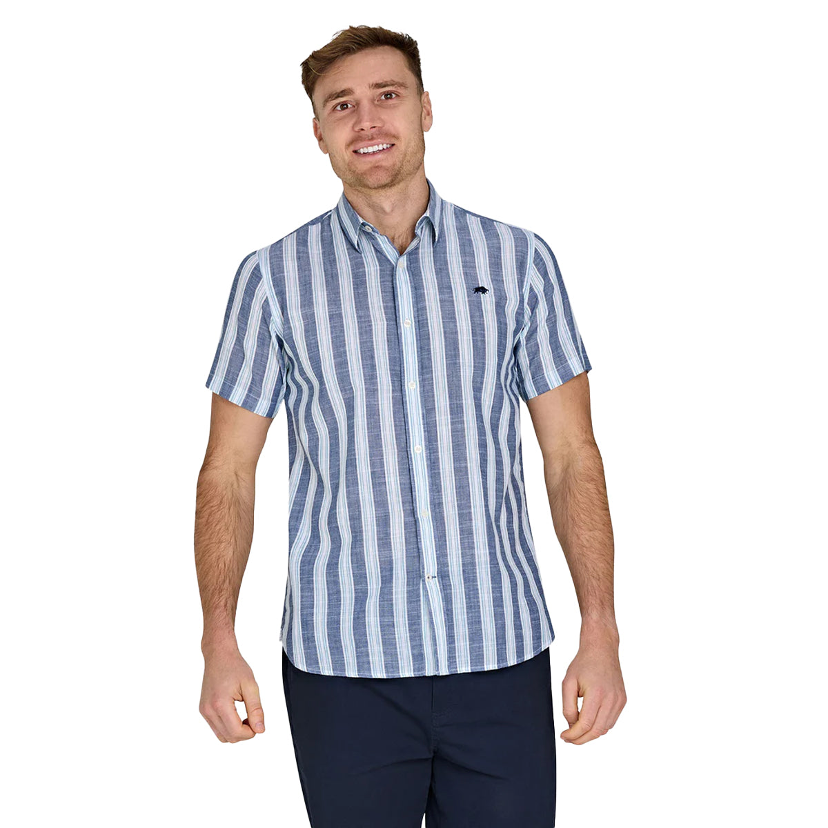 Navy - Side - Raging Bull Mens Deck Stripe Linen-Look Short-Sleeved Shirt