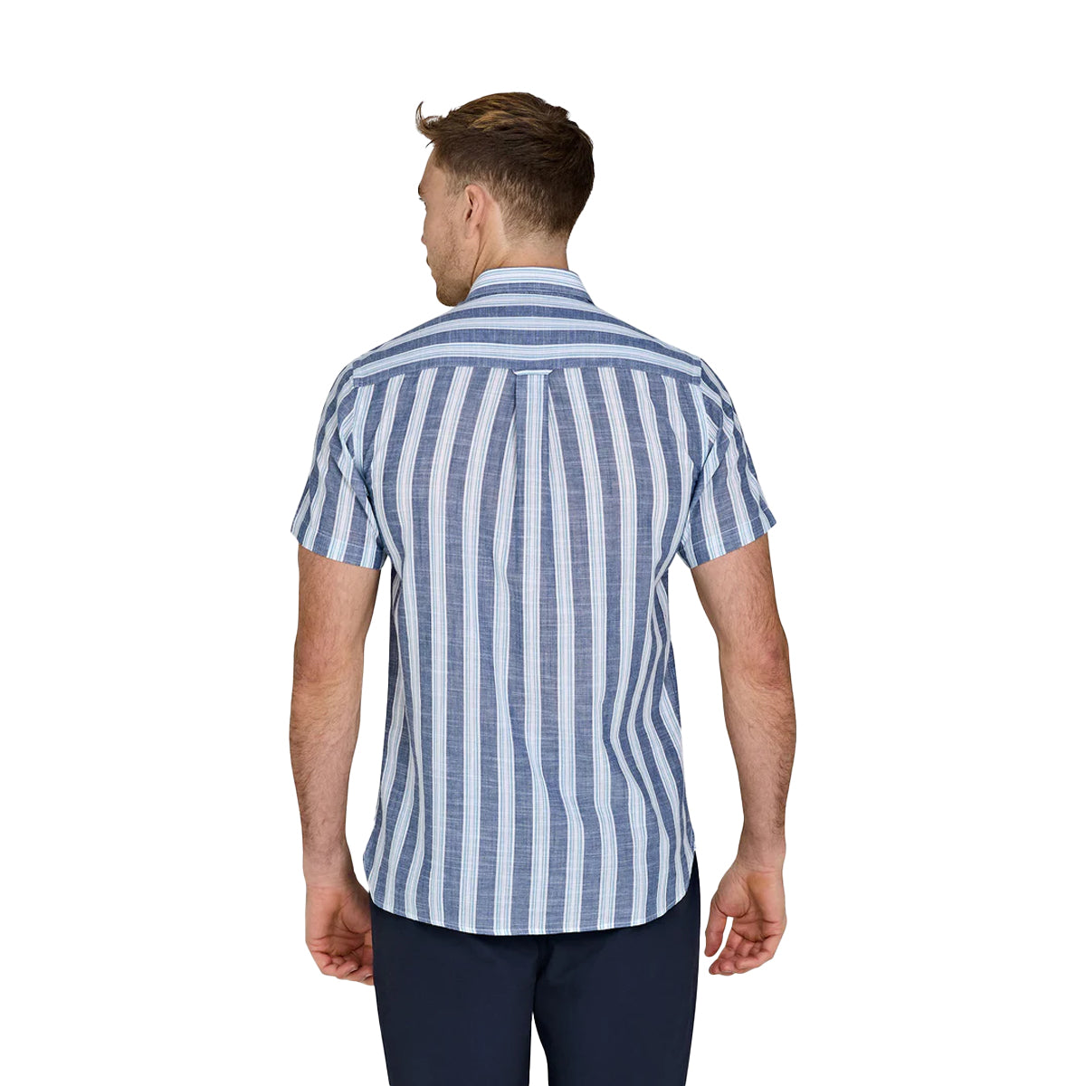 Navy - Back - Raging Bull Mens Deck Stripe Linen-Look Short-Sleeved Shirt