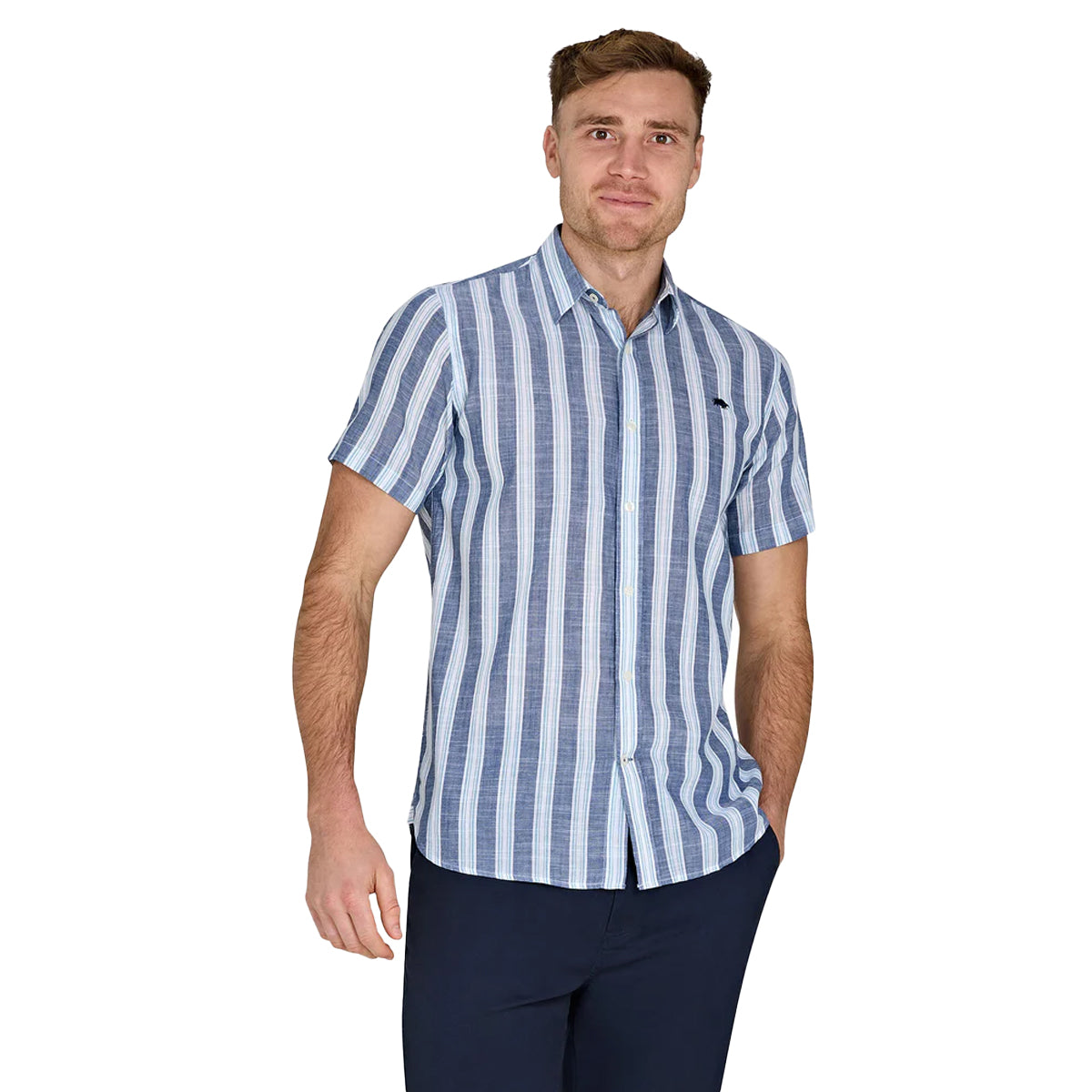 Navy - Lifestyle - Raging Bull Mens Deck Stripe Linen-Look Short-Sleeved Shirt