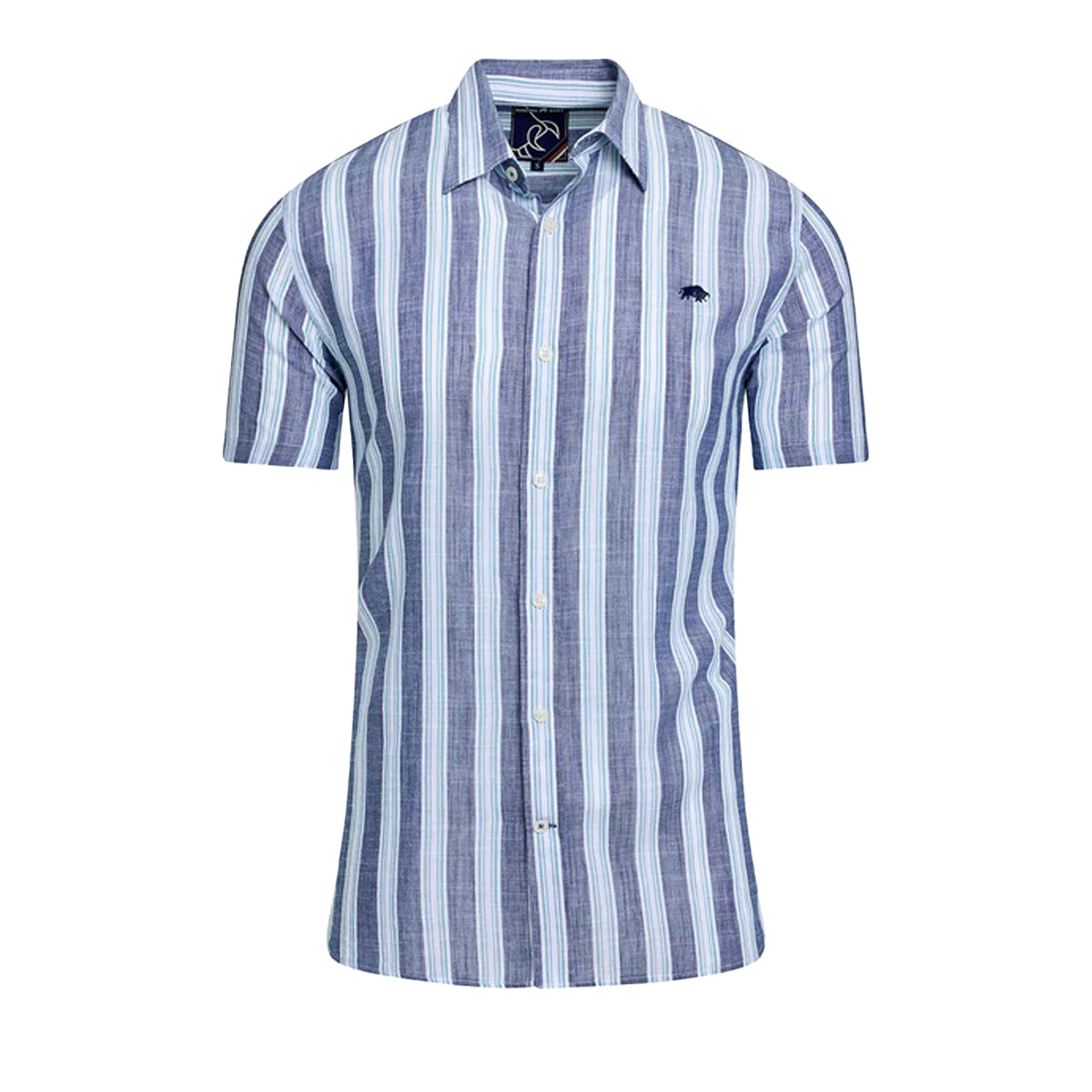 Navy - Front - Raging Bull Mens Deck Stripe Linen-Look Short-Sleeved Shirt