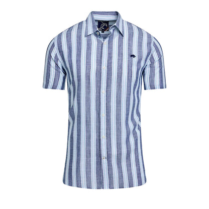 Navy - Front - Raging Bull Mens Deck Stripe Linen-Look Short-Sleeved Shirt