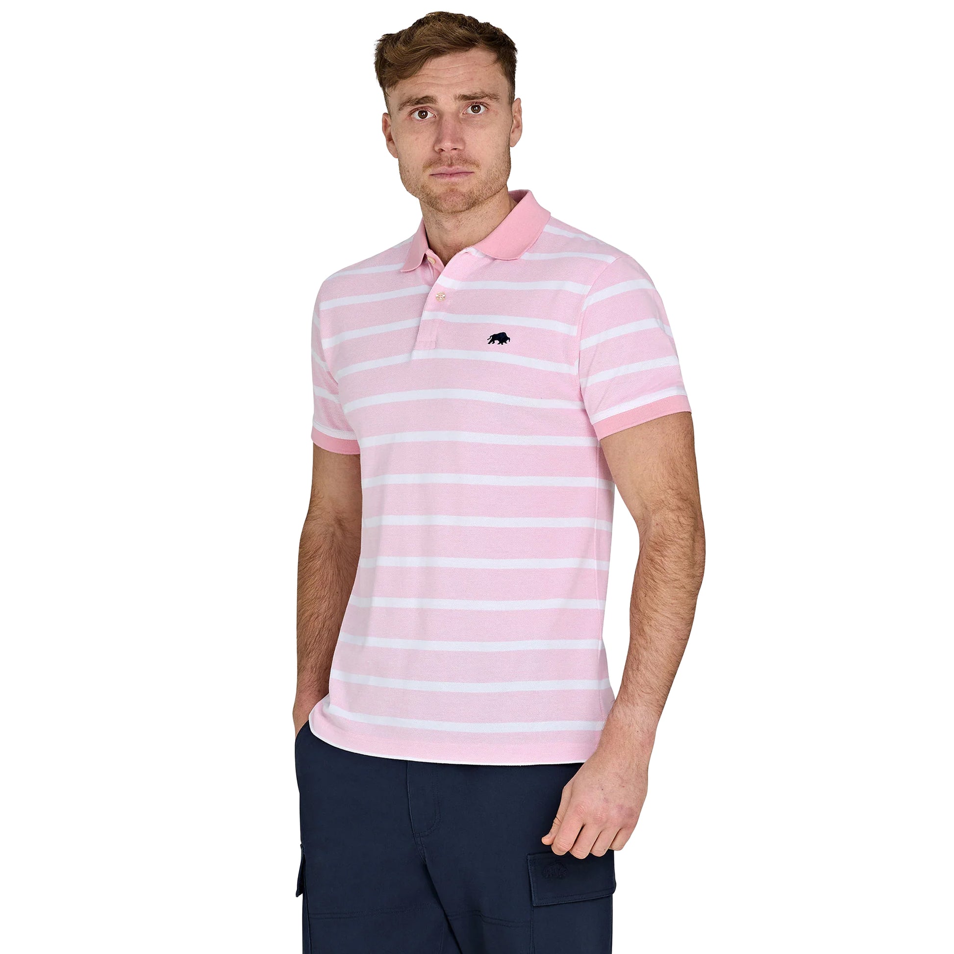 Pink - Side - Raging Bull Mens Stripe Birdseye Pique Short-Sleeved Polo Shirt