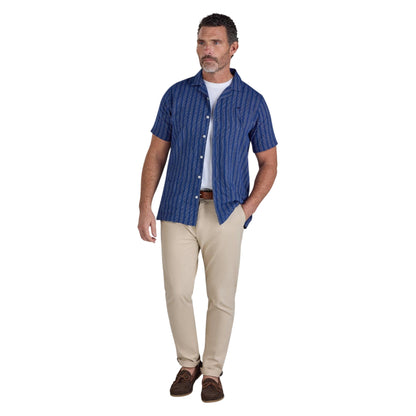 Navy - Side - Raging Bull Mens Athens Stripe Linen Revere Collar Short-Sleeved Shirt