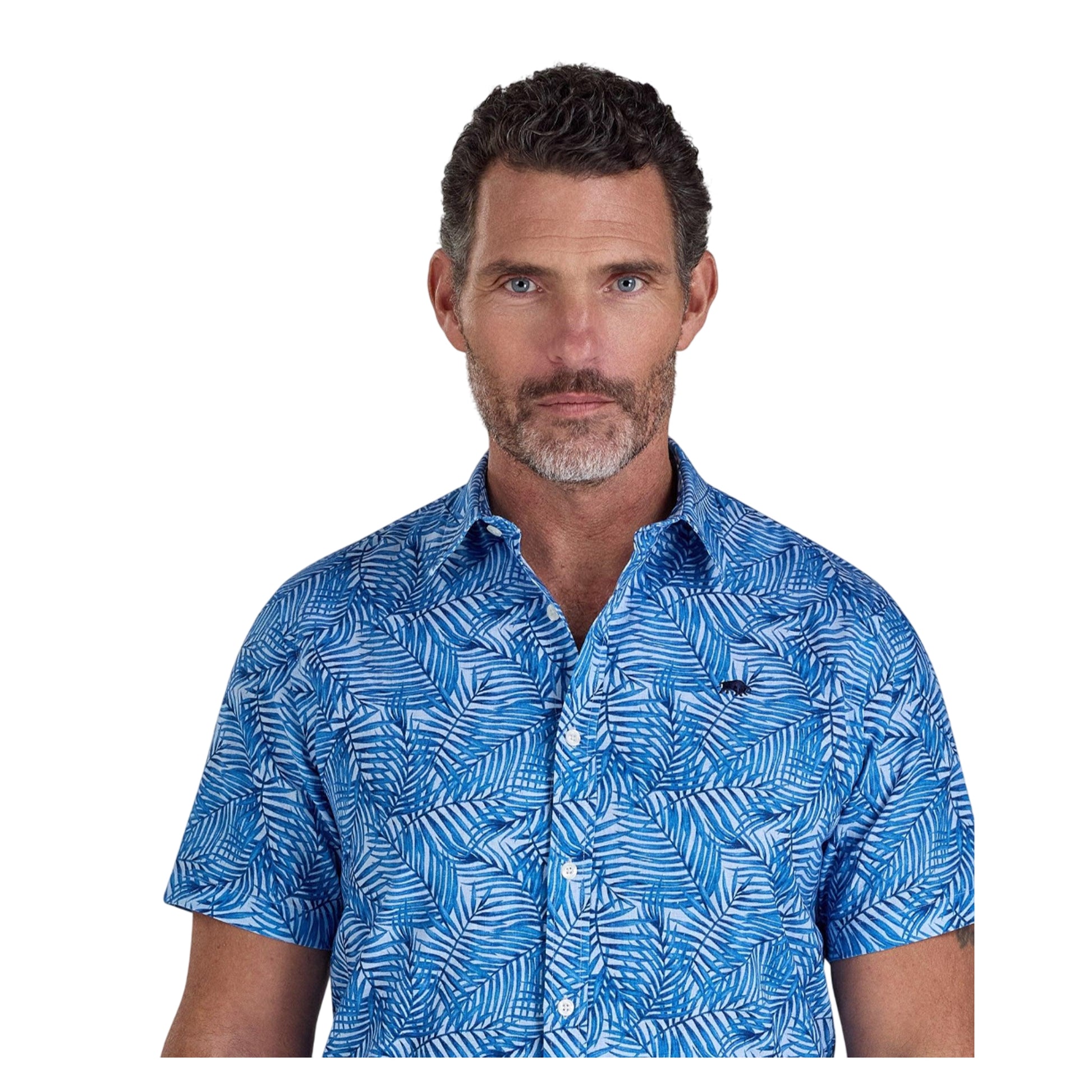 Sky Blue - Lifestyle - Raging Bull Mens Bali Palm Linen Short-Sleeved Shirt