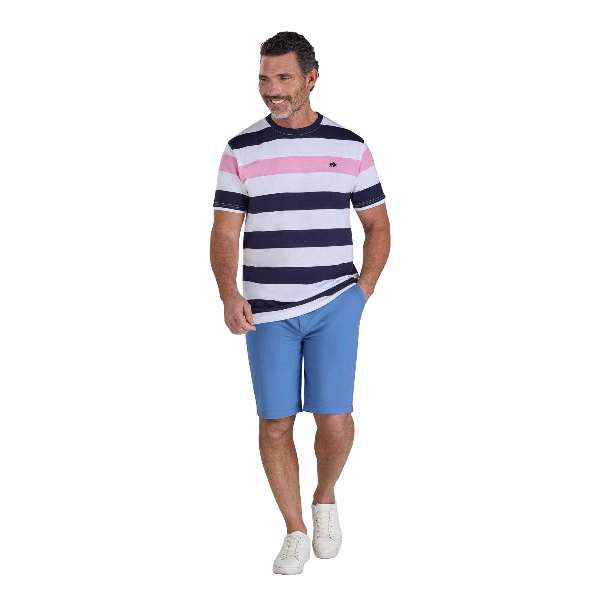 White-Navy-Pink - Lifestyle - Raging Bull Mens Contrast Striped T-Shirt