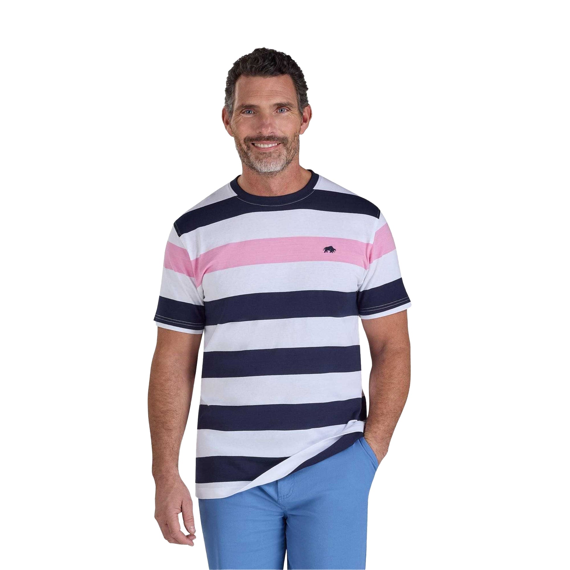 White-Navy-Pink - Front - Raging Bull Mens Contrast Striped T-Shirt