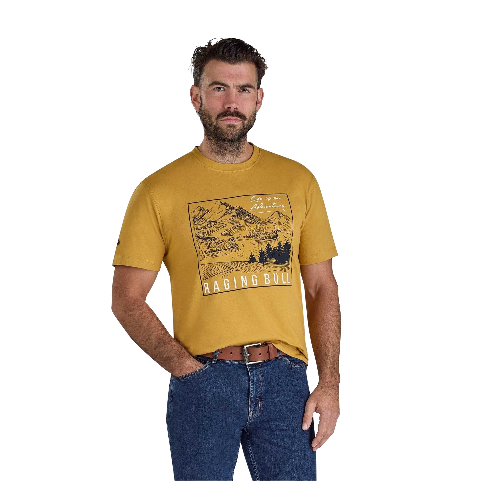 Mustard - Front - Raging Bull Mens Life Is An Adventure Mountain T-Shirt