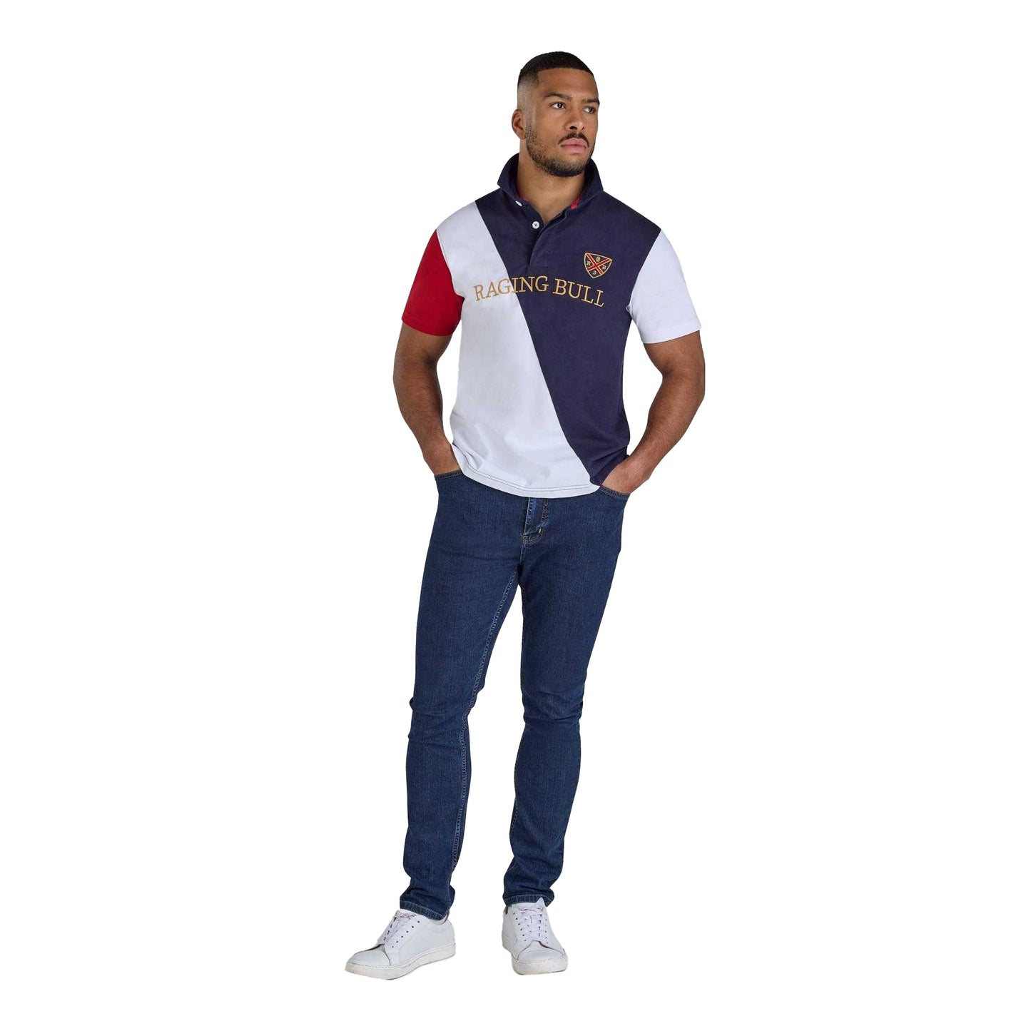 Navy-White-Red - Lifestyle - Raging Bull Mens Diagonal Stripe Pique Rugby Polo Shirt