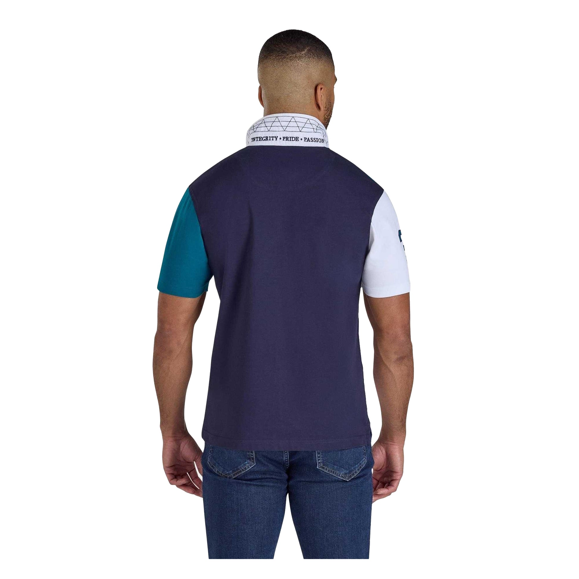 Teal - Back - Raging Bull Mens Harlequin Cut and Sew Panel Rugby Polo Shirt