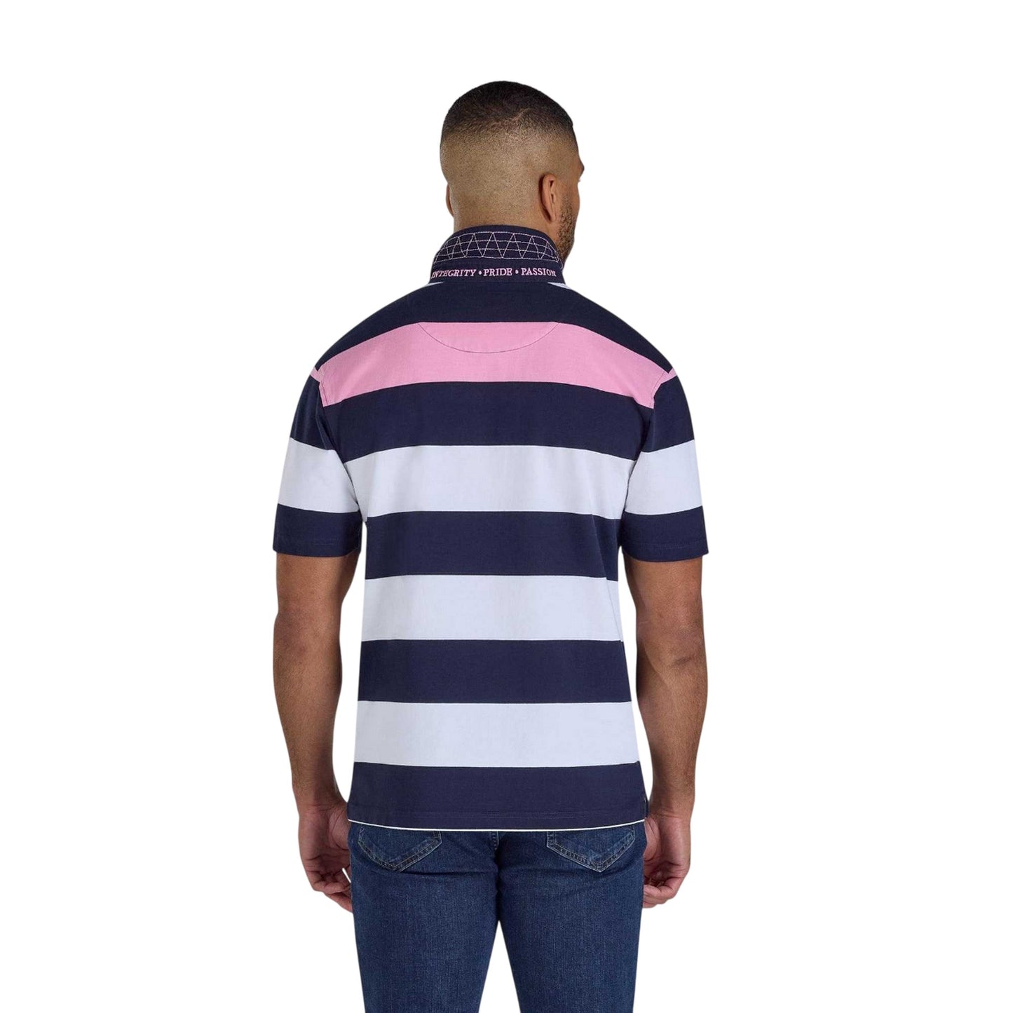 Navy-White-Pink - Back - Raging Bull Mens Irregular Stripe Jersey Rugby Polo Shirt