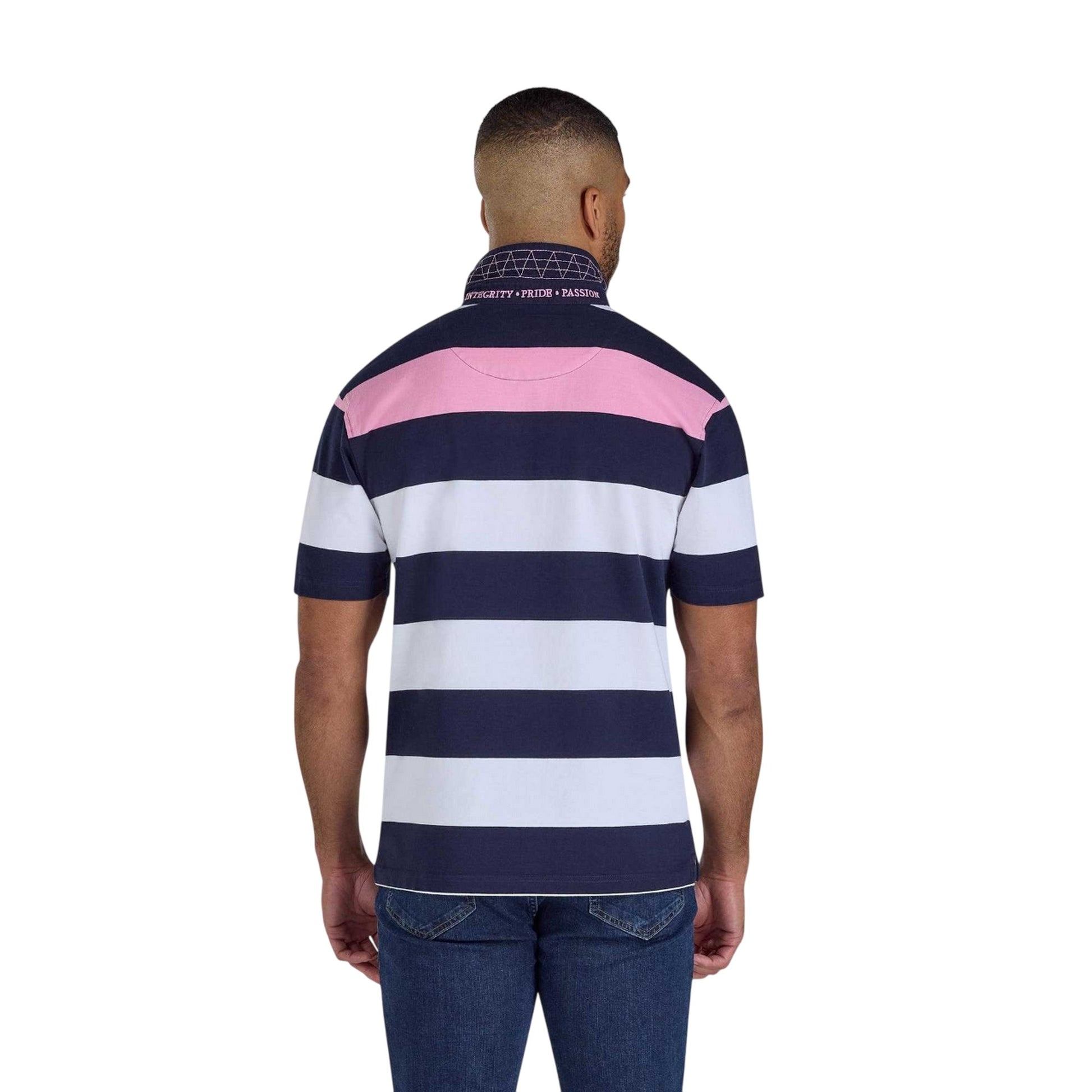 Navy-White-Pink - Back - Raging Bull Mens Irregular Stripe Jersey Rugby Polo Shirt
