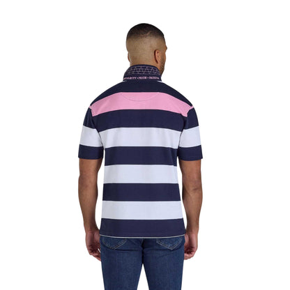 Navy-White-Pink - Back - Raging Bull Mens Irregular Stripe Jersey Rugby Polo Shirt