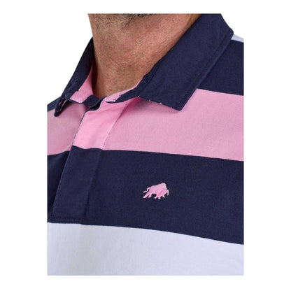 Navy-White-Pink - Side - Raging Bull Mens Irregular Stripe Jersey Rugby Polo Shirt