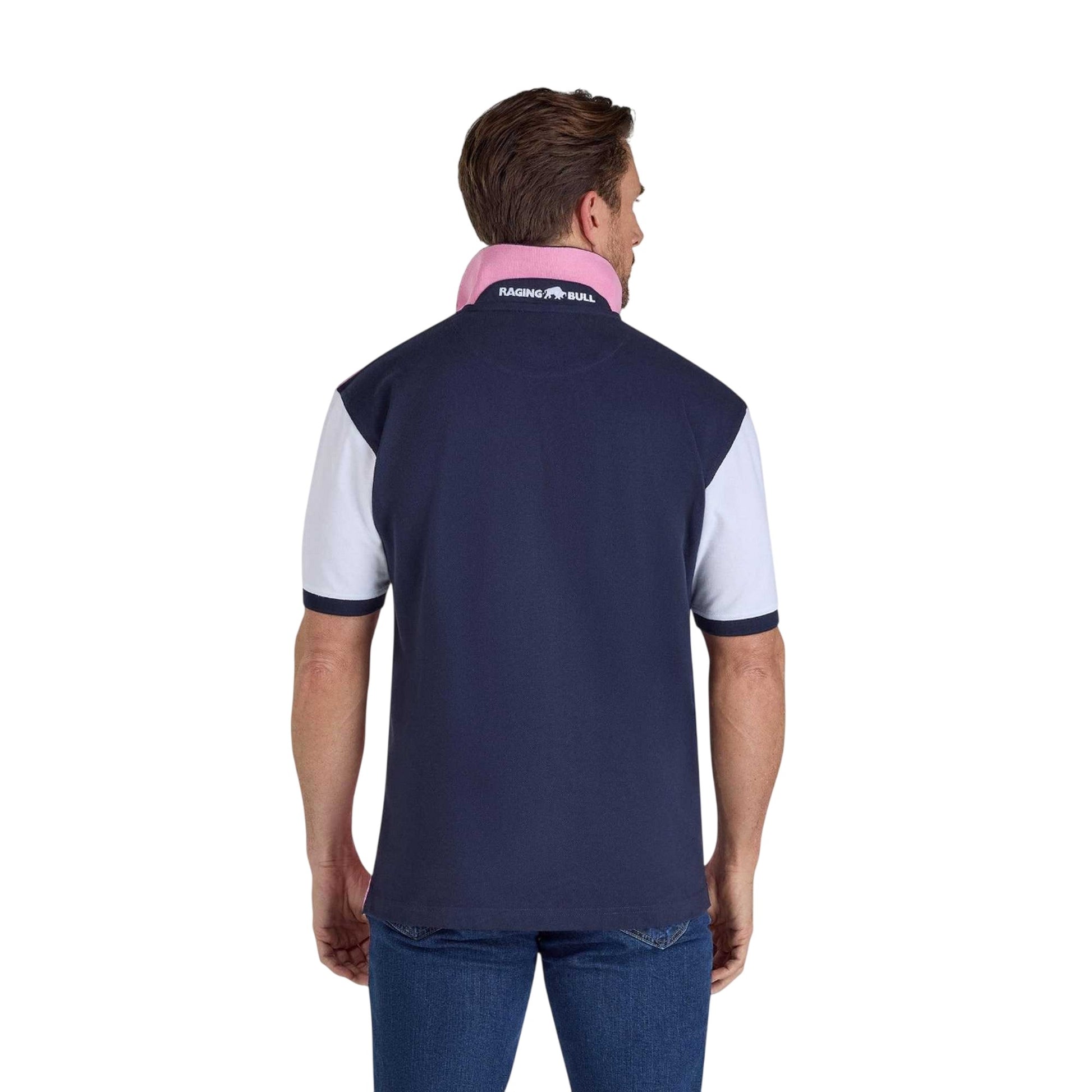 Pink-White-Navy - Back - Raging Bull Mens NO.3 Jersey Cut and Sew Panel Polo Shirt