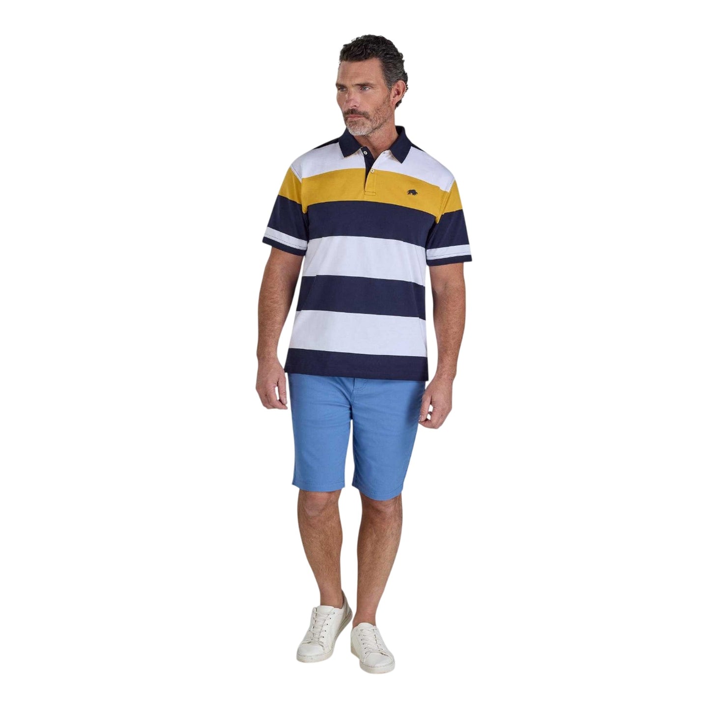 Navy-White-Yellow - Lifestyle - Raging Bull Mens Stripe Jersey Polo Shirt
