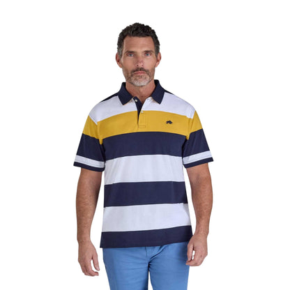 Navy-White-Yellow - Front - Raging Bull Mens Stripe Jersey Polo Shirt