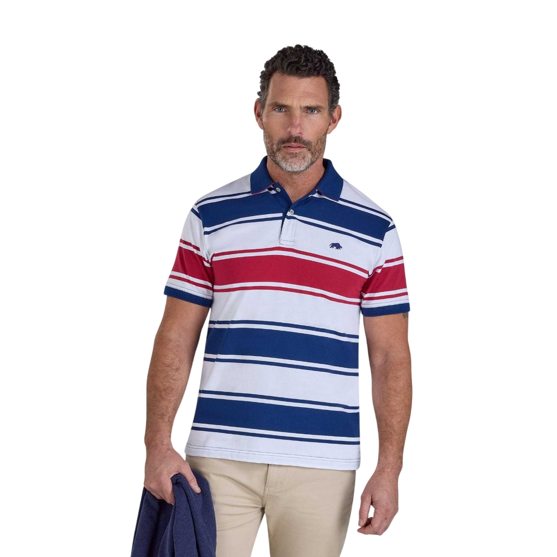 Navy-White-Red - Front - Raging Bull Mens Wide Stripe Jersey Polo Shirt