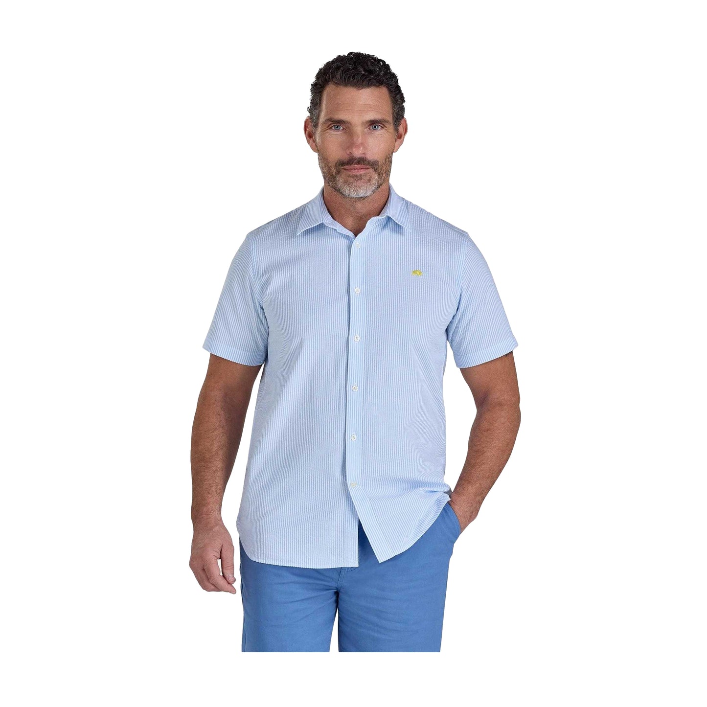 Sky Blue - Front - Raging Bull Mens Bournemouth Stripe Linen Short-Sleeved Shirt