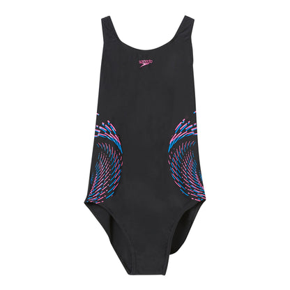 Black-Pink - Front - Speedo Girls Plastisol Placement Muscleback One Piece Swimsuit