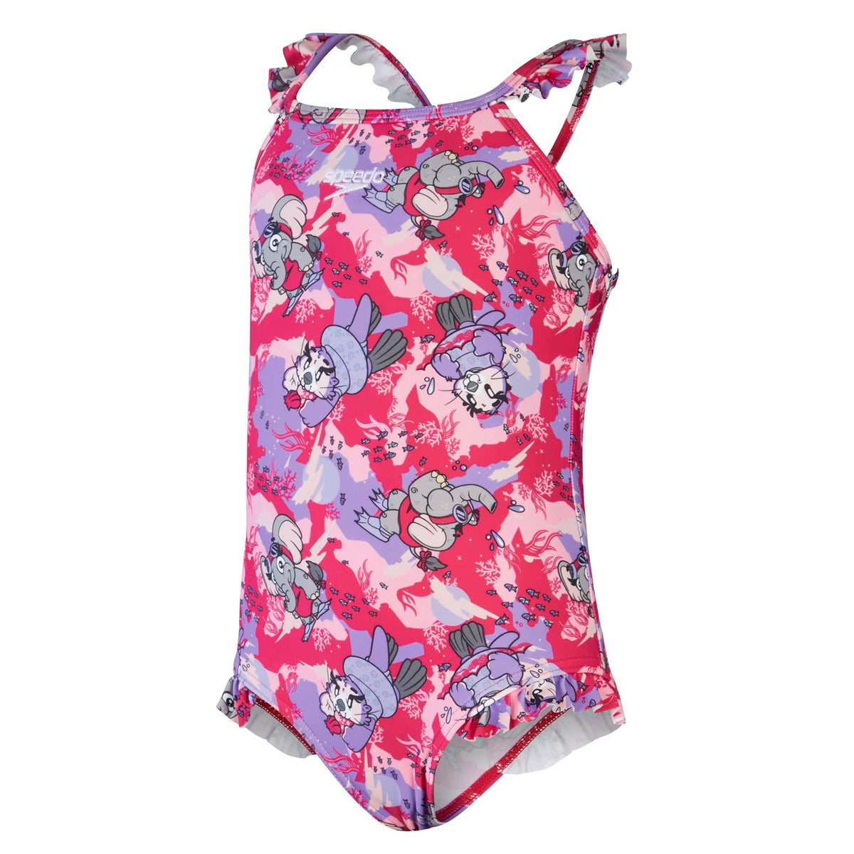 Pink-Purple - Front - Speedo Baby Girls Learn To Swim Printed Thin Strap Frill One Piece Swimsuit