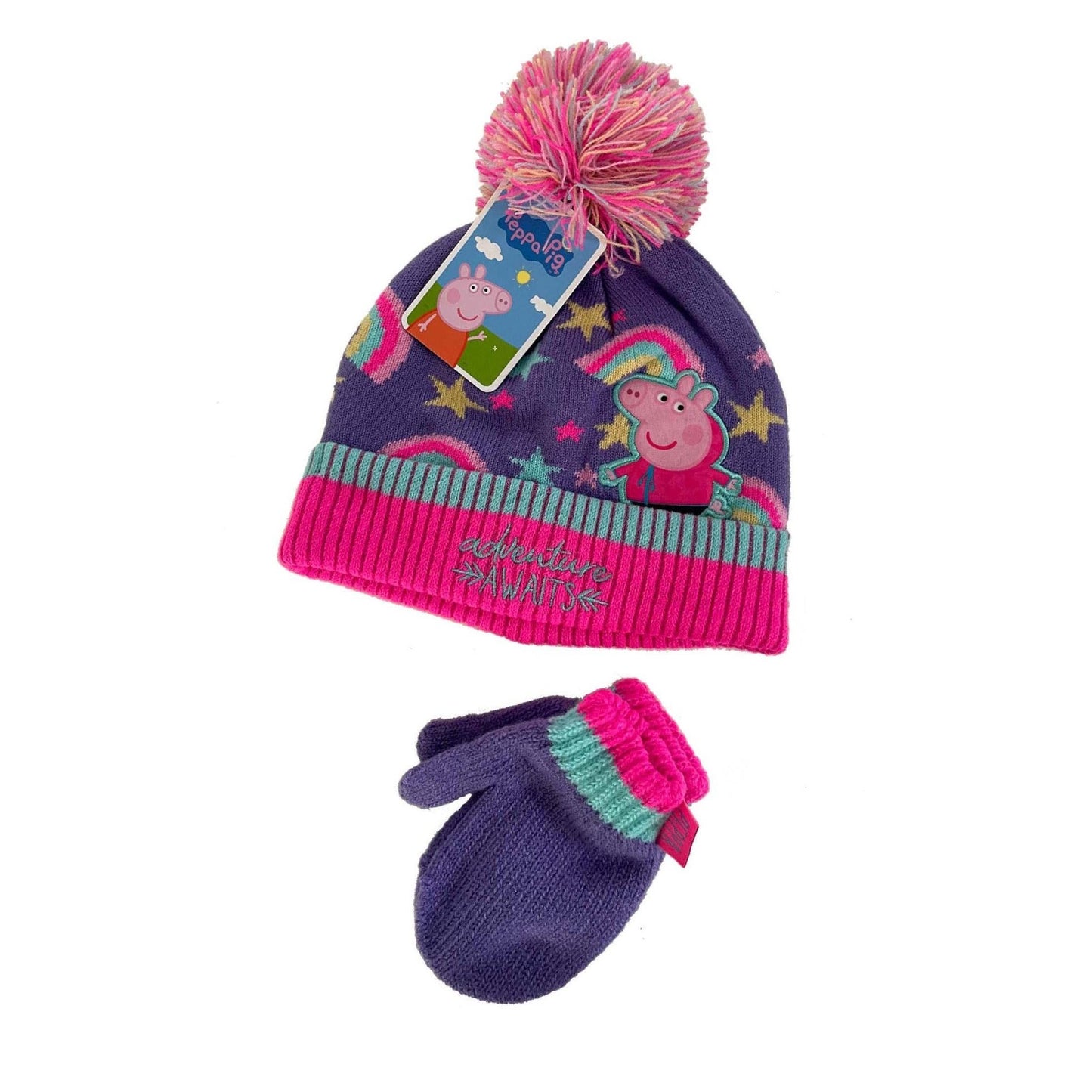 Pink-Blue - Back - Peppa Pig Baby Girls Adventure Awaits Hat And Gloves Set