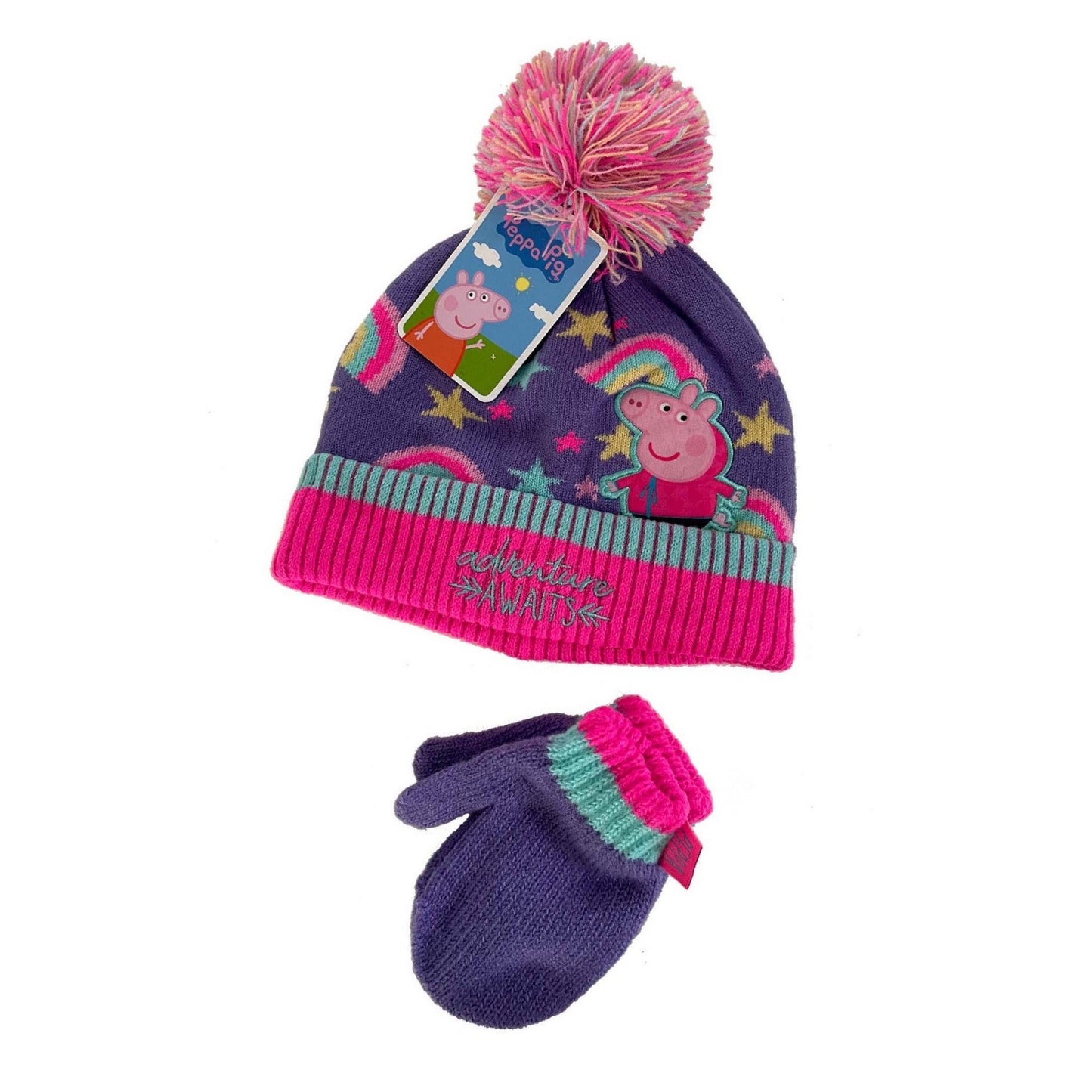 Pink-Blue - Front - Peppa Pig Baby Girls Adventure Awaits Hat And Gloves Set