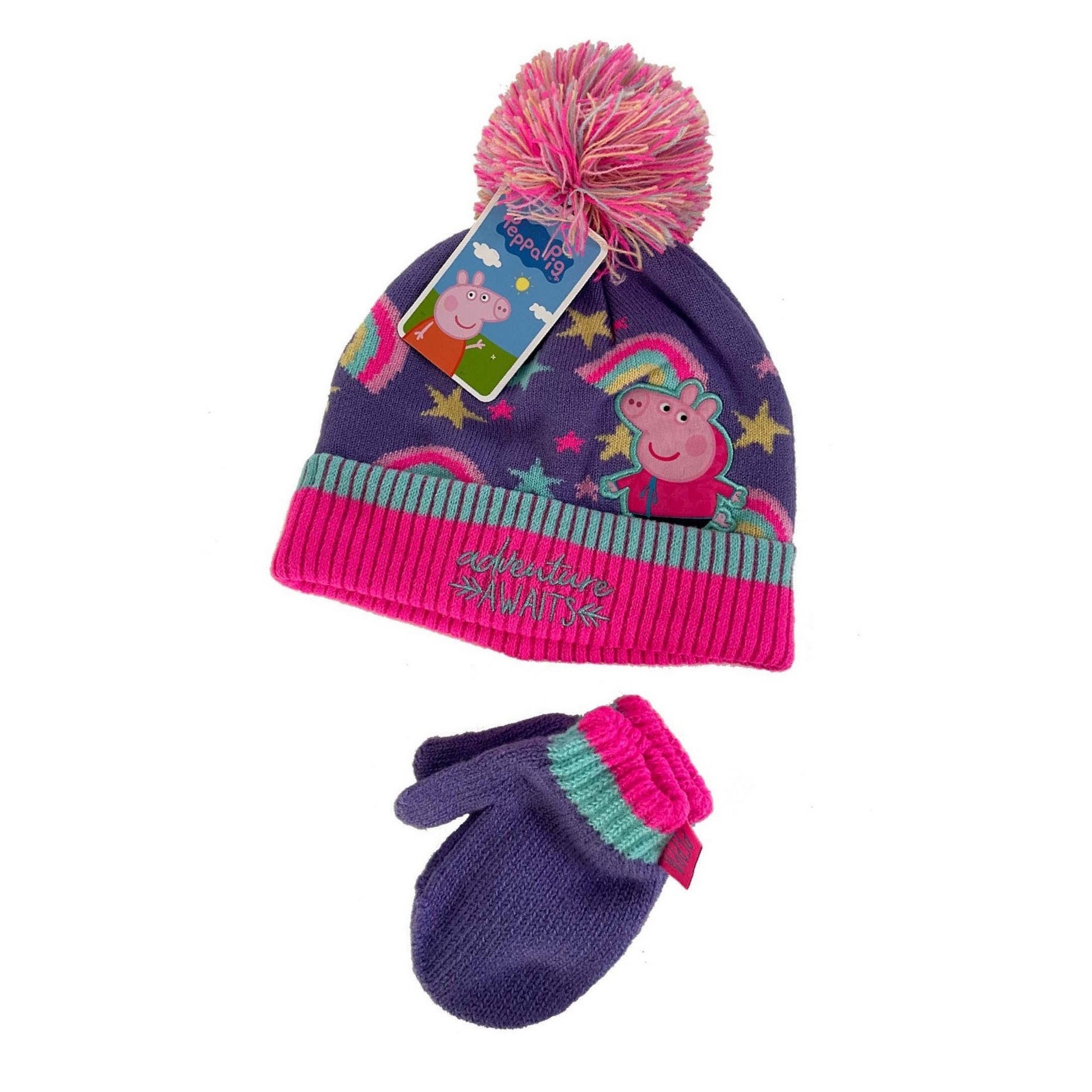 Pink-Blue - Front - Peppa Pig Baby Girls Adventure Awaits Hat And Gloves Set