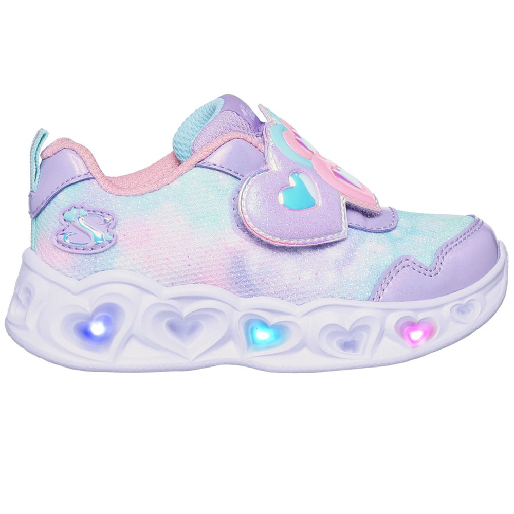 Lilac-Pink-Blue - Side - Skechers Girls Heart Lights- Lovin Reflection Trainers